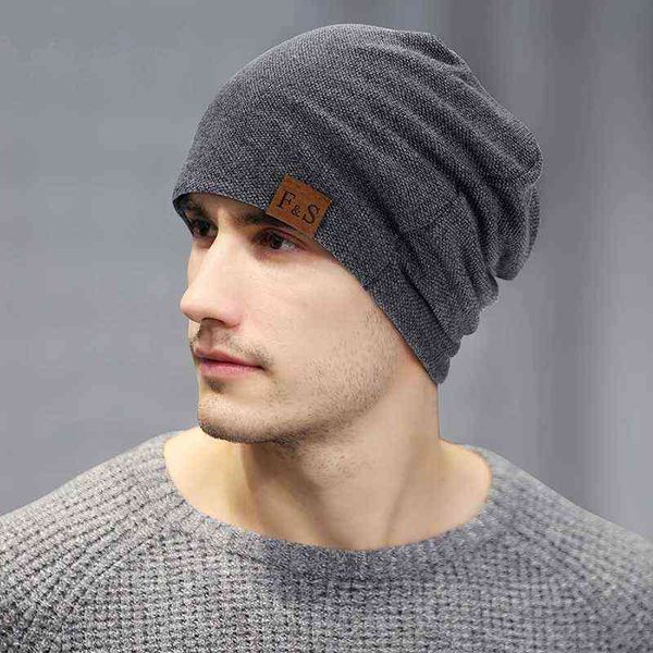 

men's brand solid double layer knitted beanie hat women plus velvet thick warm winter hats hedging cap sleeve skullies bone male y21111, Blue;gray