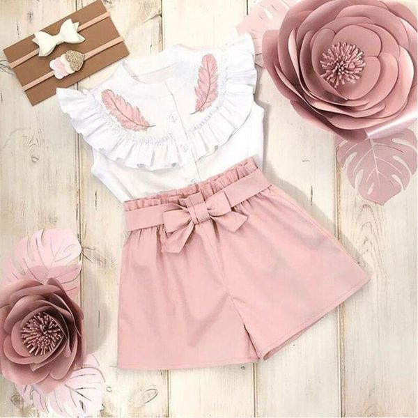 

lovely kid baby girls feather clothes sets summer sleeveless bandage shorts 2pcs outfits fashion clothing 2-6years, White