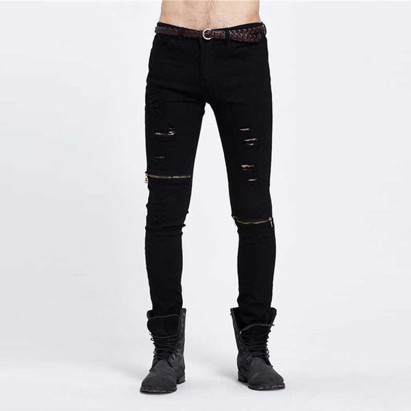 

new fashion brand vintage men designer jeans casual hole ripped designer jeans fashion skinny black denim pants slim fit male x0621, Blue