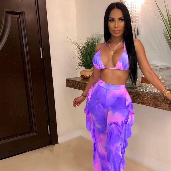 

tie dye print mesh women tracksuits summer beach piece set with panties bra halter crop ruffle wide leg, Gray