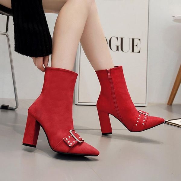 

boots fashion red women's with thick high heels buckle metal decoration crystal zippers pointed toe women shoes, Black