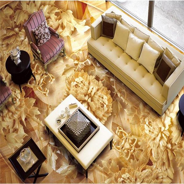 

wallpapers wellyu wooden peony 3d stereoscopic flooring custom large fresco pvc waterproof thickening wearable floor stickers