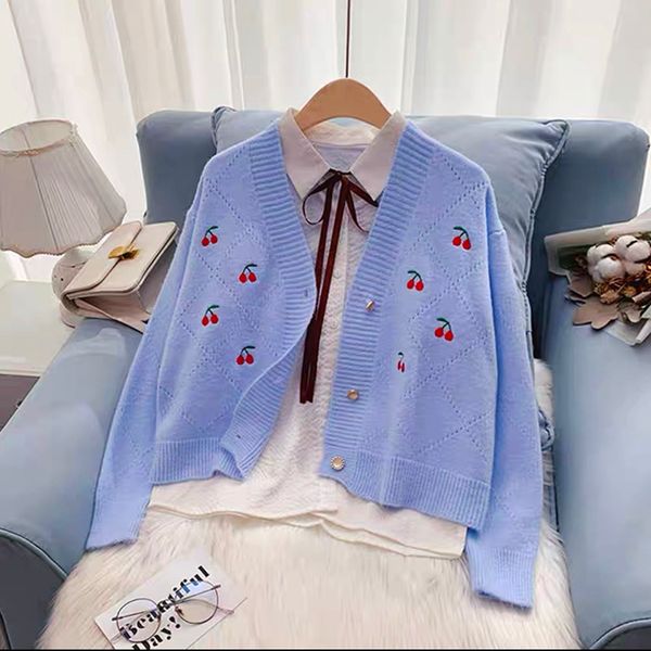 

women's sweaters embroidery knitted cardigan female loose sweet spring autumn knitwear outerwear cute girl knit sweater coat, White;black
