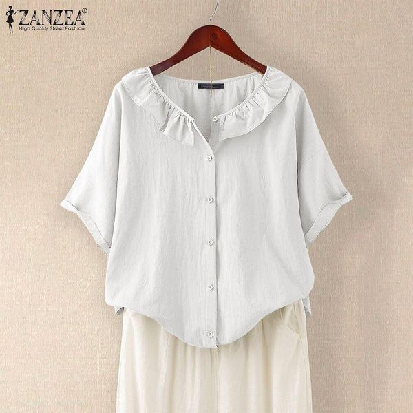

women's blouses & shirts elegant women ruffle blouse zanzea 2021 summer vintage cotton linen solid casual short sleeve loose lapel blu, White