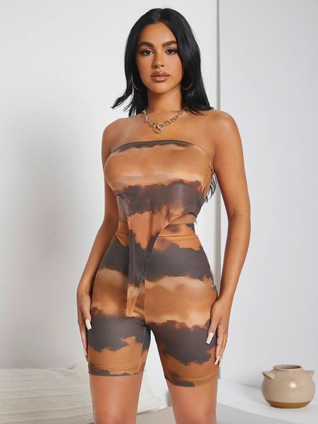 

sxy tie dye asymmetrical hem tube and biker shorts set s51p#, White