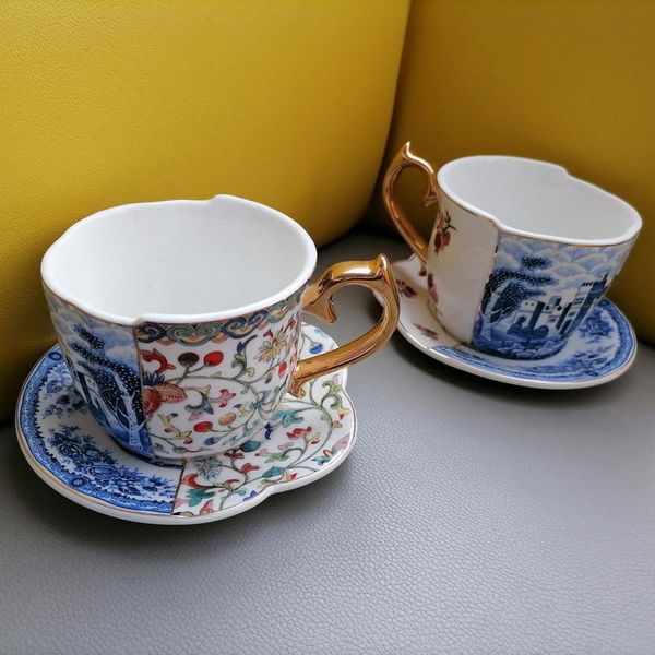 Halbe Landschaftsblumen-Tasse und Untertassen-Set, kreative blau-weiße Keramik-Handwerkskunst, britisches Nachmittagstee-Geschirr, Abendessentassen