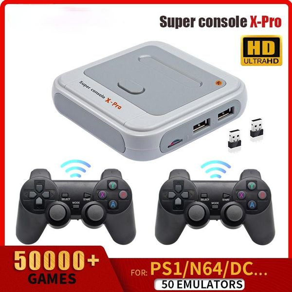 

super console x-pro tv game retro video with wireless controllers built-in 50 emulators 50000 games for ps1/n64/dc portable players