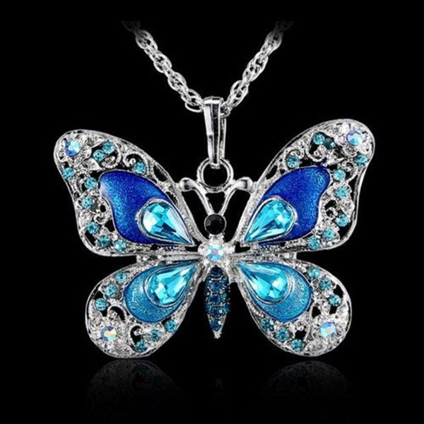 

pendant necklaces exquisite blue crystal butterfly necklace jewelry accessories enamel long chain women, Silver