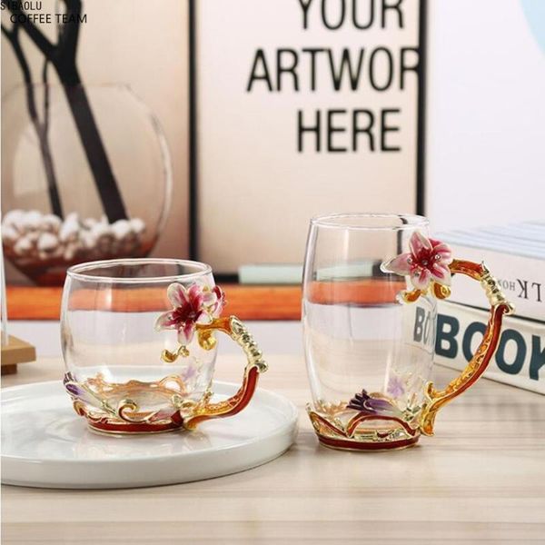 

lily flower tea cups for mother's day enamel mug glass coffee cup women gift decoration wedding/valentines/birthday wine glasses