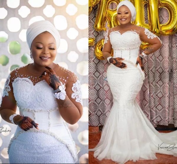 

african plus size mermaid wedding dresses bridal gown 2022 luxury jewel neck beaded crystals long sleeves custom made sweep train vestido de, White