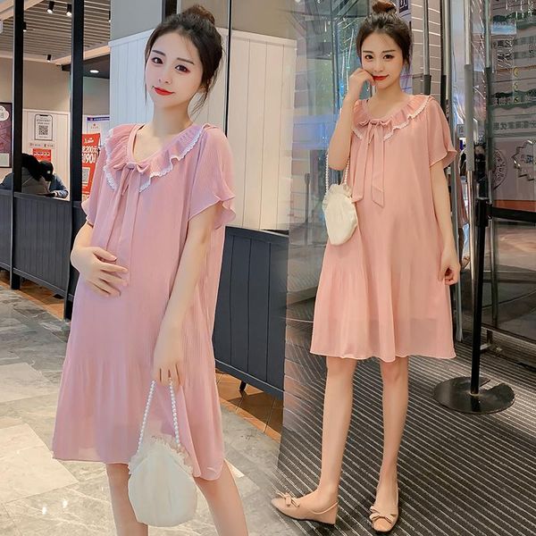 

801# summer korean fashion pleated chiffon maternity dress sweet lovely chic ins loose clothes for pregnant women pregnancy dresses, White