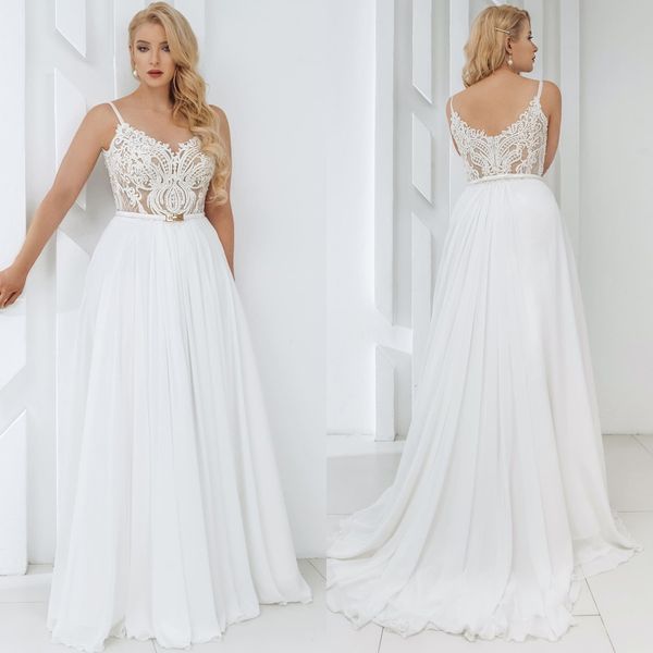 

plus size wedding dresses a line lace applique chiffon spaghetti straps beach bridal gowns with cape white vestidos de novia