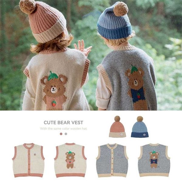 

toddler girl sweaters ps korean brand autumn knitted sweater baby clothes boys winter vest caps girls cardigan 211104, Blue