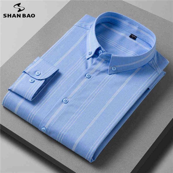 Shan Bao Bamboo Camisa 2021 Queda Brand New Business Loose Casual Jovens Homens Soltos Listrado Camisa de Manga Longa Azul Branco Preto G0105