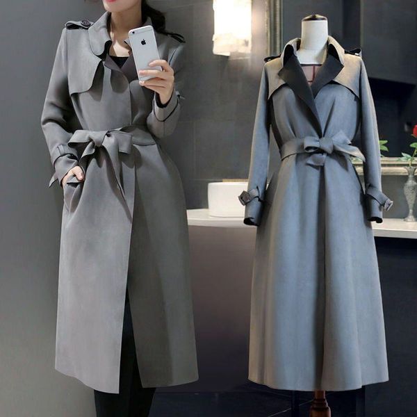 

women's trench coats korean slim coat female 2021 spring fall high-end fashion suede mid-length plus size simple outwear k443, Tan;black