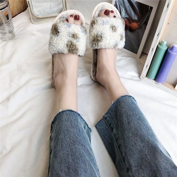 

print 36-41 nice woman slippers winter shoes for women home faux fur warm 2cm heel female slides leopard, Black
