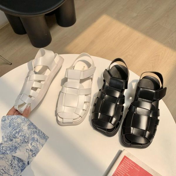 

sandals low woman leather shoes lady 2021 summer heels suit female beige low-heeled girls gladiator comfort closed flat fash, Black