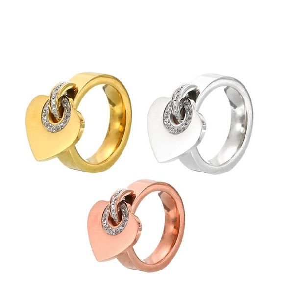 

cluster rings fashion cubic zirconia stainless steel heart shaped pendant ring for women valentine's day christmas jewelry gift, Golden;silver