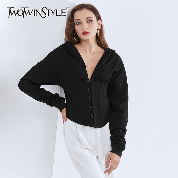 

casual sweatshirt for women hooded collar long sleeve slim tunic black sweatshirts female fashion fall clothes 210524