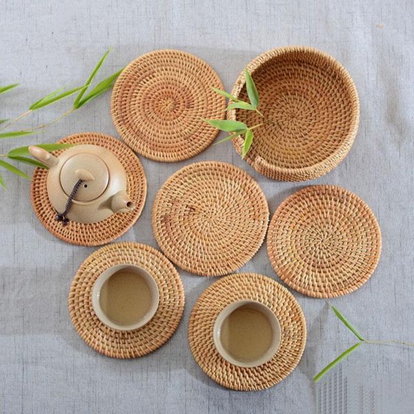 

round natural rattan coasters bowl pad handmade insulation placemats table padding cup mats kitchen decoration accessories & pads