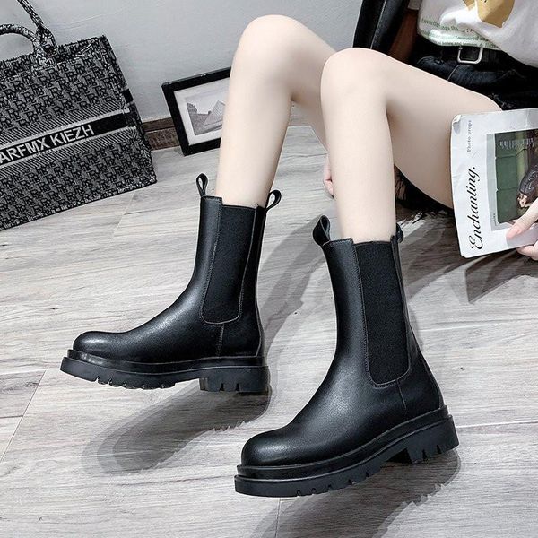 

boots 2021 chunky women winter shoes pu leather plush ankle heel female platform slip on botas de mujer, Black
