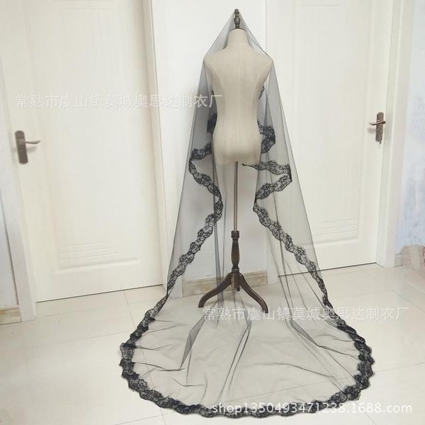 

bridal veils 2.8 meter black chapel wedding long lace edge veil waltz
