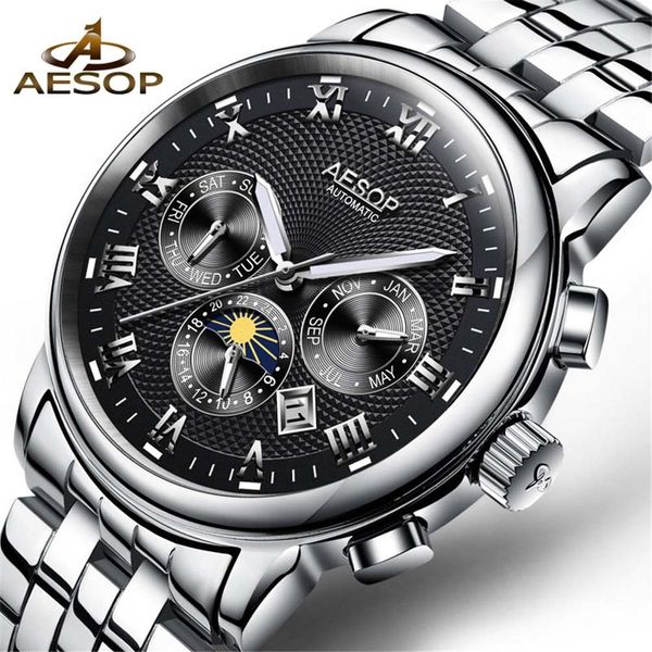 

aesop brand luxury people sports watches men waterproof mechanical man full steel military automatic wristwatch, Slivery;brown