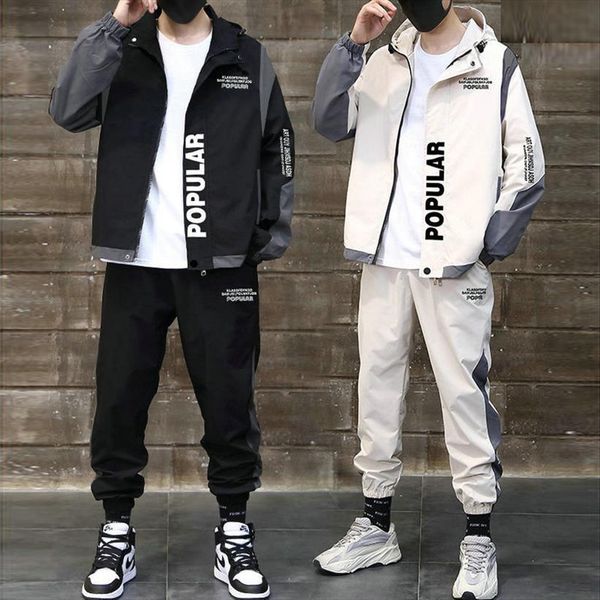 

set hooded jacket pants mens tracksuits workwear big pocket sportswear 2 piece hip hop patchwork suit for men clothing, Gray