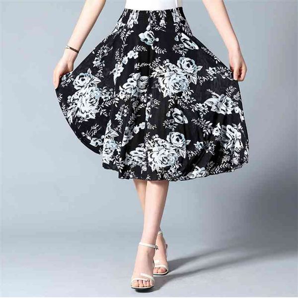

summer skirts women knee-length lily floral print skirt elastic waist streetwear faldas mujer moda 210422, Black