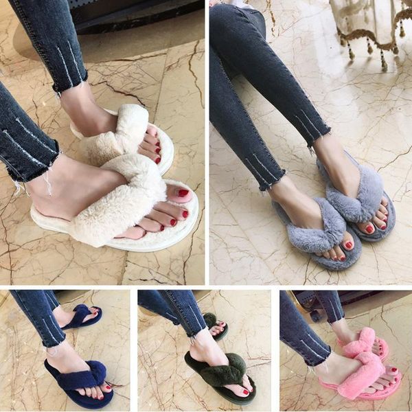 

winter house slippers women home plush warm shoes woman slip on faux fur flats female slides for slipper wsh3747, Black