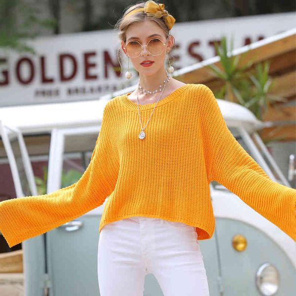 

women casual oversized flare sleeve knitted sweater o-neck solid color yellow loose ladies women sweater autumn pullovers 210412, White;black