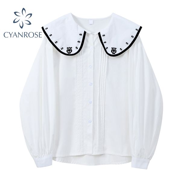 Camicia da donna dolce Cardigan con stampa chic Design Camicette bianche Colletto Peter Pan oversize vintage Manica lunga Blusa retrò Top 210417