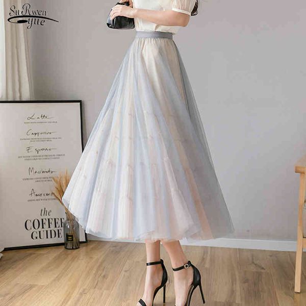 

spring high waist tulle skirts for women summer elastic fashion long pleated skirt fluffy jupe femme 9587 210508, Black