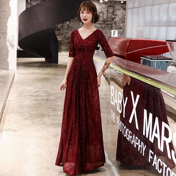

women elegant half sleeve banquet gown v-neck backless prom dresses exquisite sequins trim floor-length evening party dress ethnic clot, Red