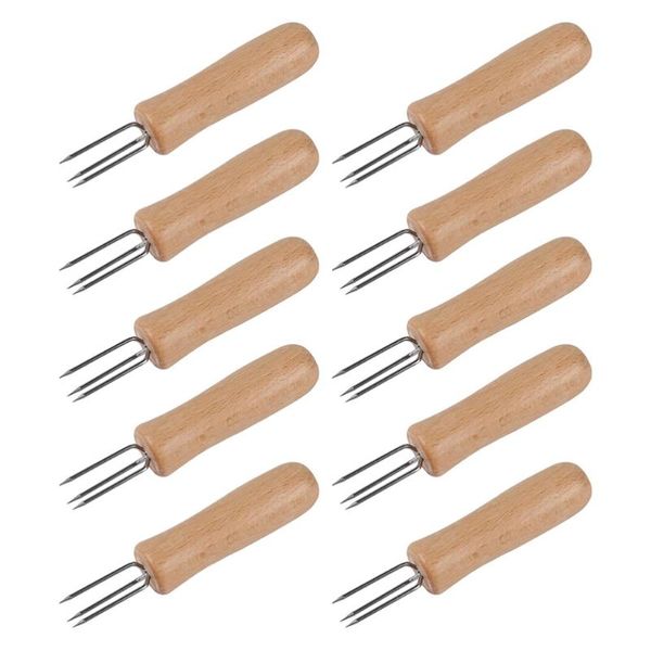 

forks 10pcs stainless steel wood handle portable corn holders(assorted color)