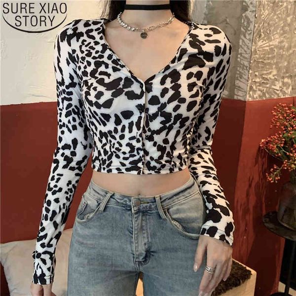 Kurzer Bauchnabel, sexy Milch-Leoparden-Hemd, enge Langarm-Cardigan-Bluse, modische Tops mit V-Ausschnitt, Blusas 12327 210417