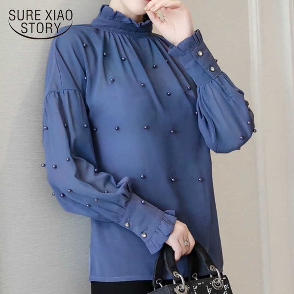 

bead chiffon women shirts lace women long-sleeved bottom fashion blouse loose lantern sleeve women blouses 1641 50 210528, White