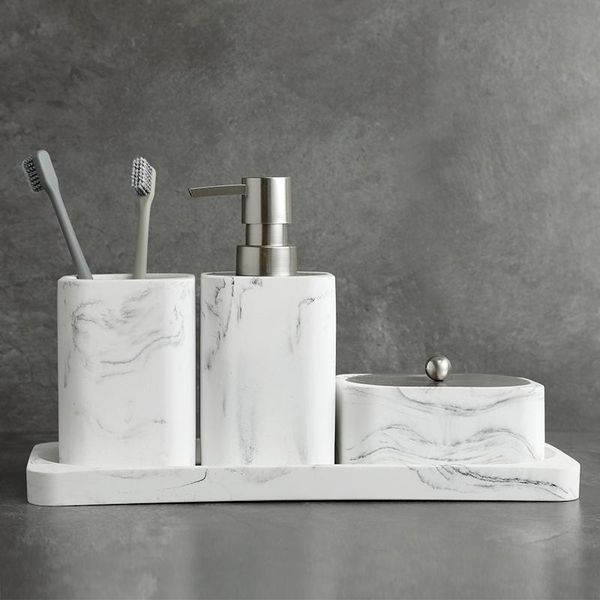 

bath accessory set bathroom soap dispenser cotton jar mouthwash cup imitation marble tumblertoothbrush holder and tray white