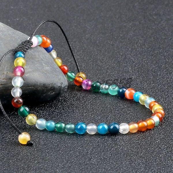 

handmade 4mm natural stone strands bracelet for women men yoga striped agates small beaded bracelets adjustable braided pulsera jewelry, Black