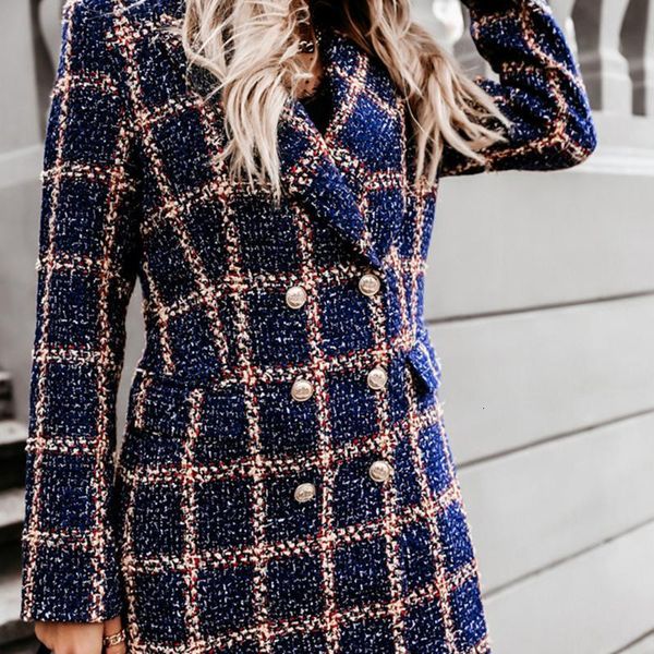 

women's wool & blends mid-length blazer houndstooth printed woolen overcoat outwear plaid pocket lady fashion casual female d30 bzc6, Black