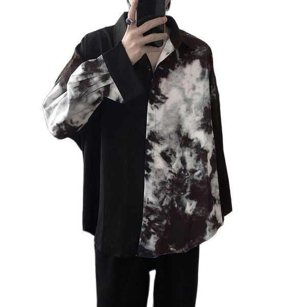 

men's casual shirts long sleeve streetwear 2021 korean loose fashion camisas men shirt spring print patchwork lapel, White;black