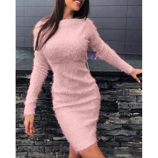 

2021bodycon plush dress 2021 winter autumn women elegant solid color party night dresses long sleeve warm fashion casual dress, Black;gray