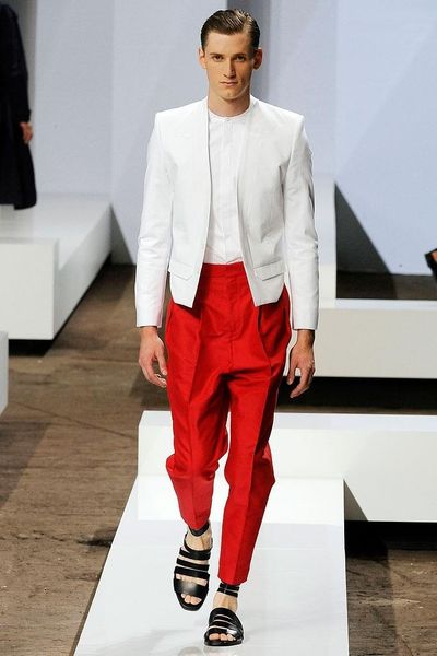 

men's pants homemade casual with high red waist., Black