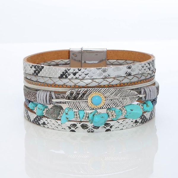 

tennis amorcome classic feather charm womens bracelet multi-layer blue stones snake skin leather bangles magnetic clasp fashion jewelry, Golden;silver