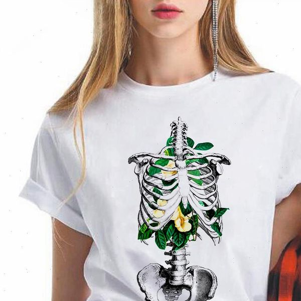 

skeleton women t shirt flowers kawaii print 90s harajuku ullzang fashion graphic cute cartoon tees female, White
