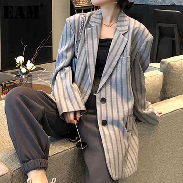 

[eam] women gray striped big size blazer lapel long sleeve loose fit jacket fashion spring autumn 1dd6453 21512, White;black