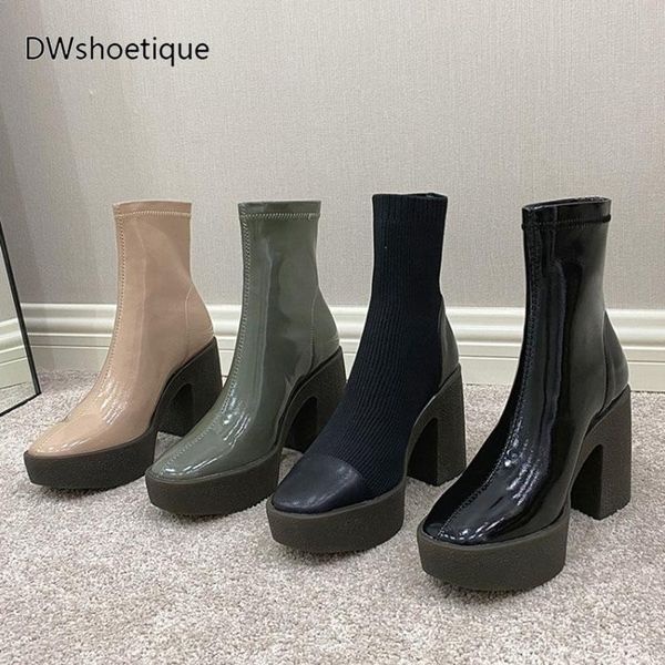 

boots patent high platform women ankle slip on heel stretch, Black