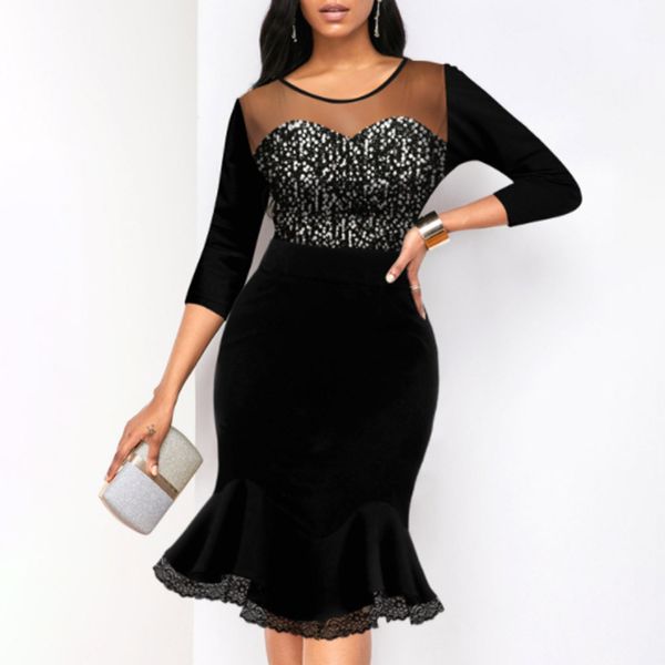 

Office Lady Womens Dress Spring Summer Fashion Elegant Mermaid Sequins Round Neck Women Cocktail Party Dress Robes African