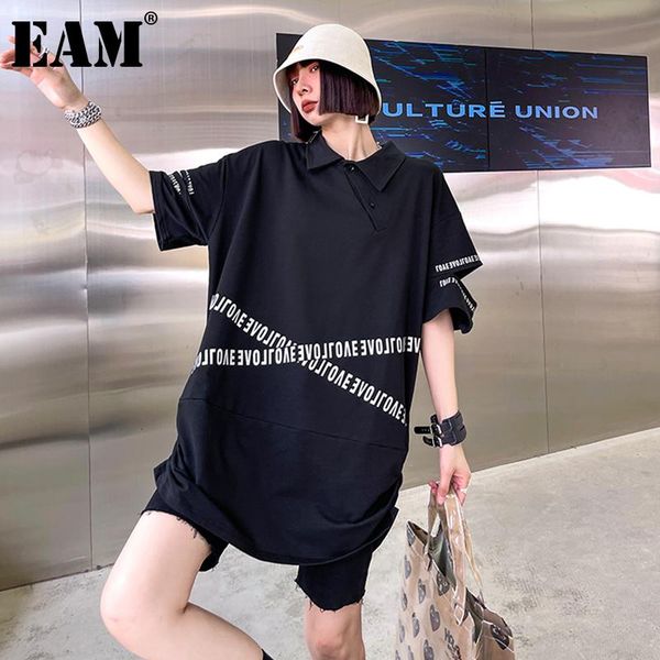

[eam] women black letter print big size hollow out t-shirt round neck half sleeve fashion tide spring summer 2021 1dd7048 women's, White