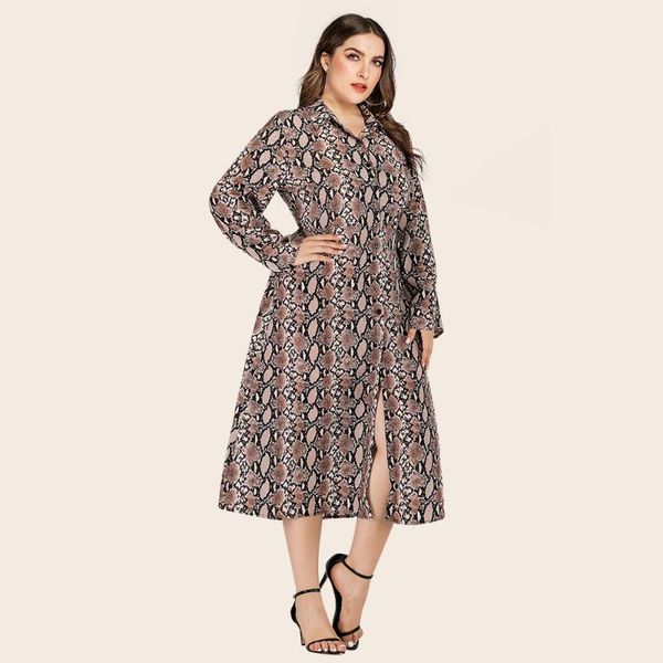 

plus size dresses long sleeve women slit maxi dress snake print turn-down collar button loose casual party 2021 autumn vestidos